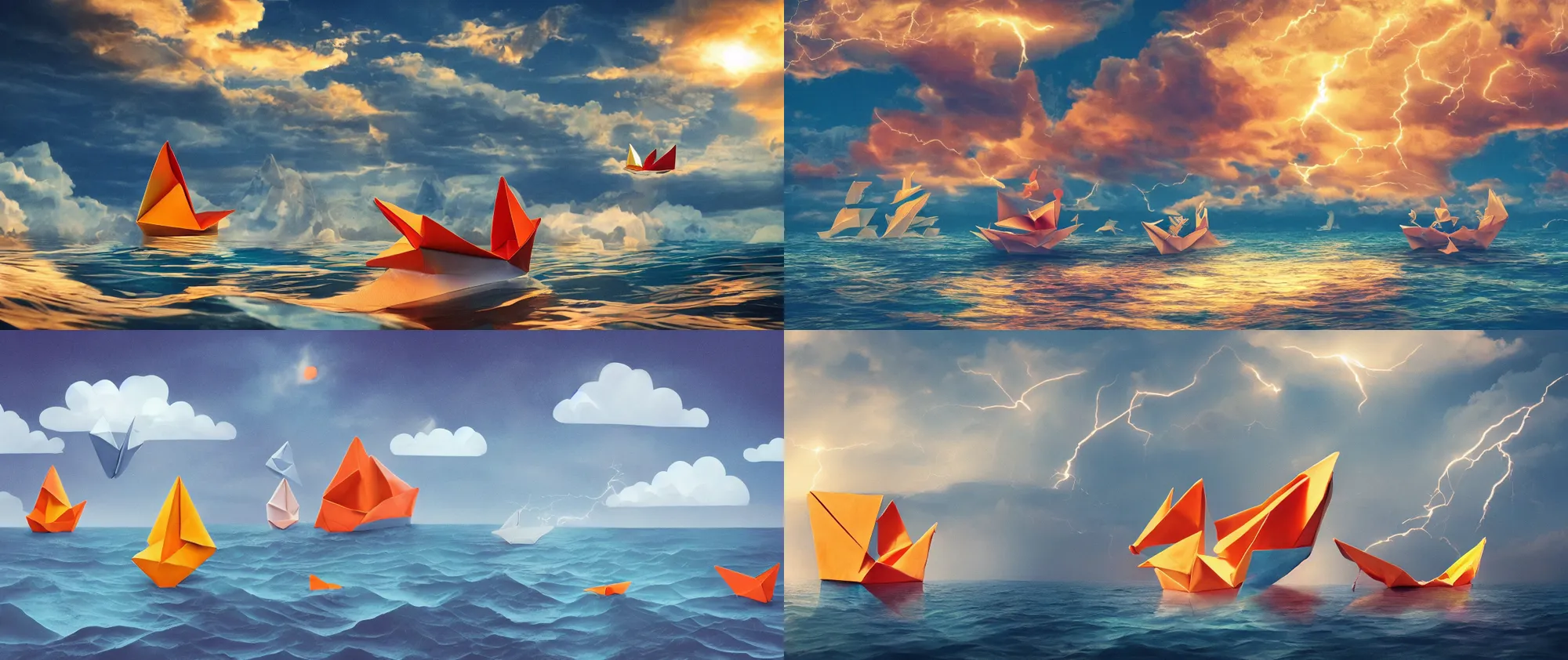 Prompt: A giant origami paper boat and a ship on a ocean, 4k, digital art, high-resolution, trending on Artstation, dynamic lightning, dramatic, golden hour, puffy cloud