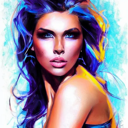 Prompt: electric woman, cute - fine - face, pretty face, oil slick hair, realistic shaded perfect face, extremely fine details, realistic shaded lighting, dynamic background, michael garmash, artgerm