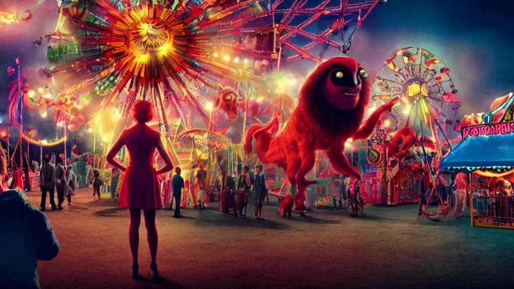 Image similar to the forbidden creature at the carnival, , film still from the movie directed by Denis Villeneuve with art direction by Jack Kirby, wide lens