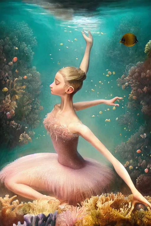 Image similar to stunningly beautiful, ballerina at the bottom of the great barrier reef by jaques cousteau, smooth, focus, highly detailed, hyper realistic, dramatic lighting, intricate, concept art, art by wlop