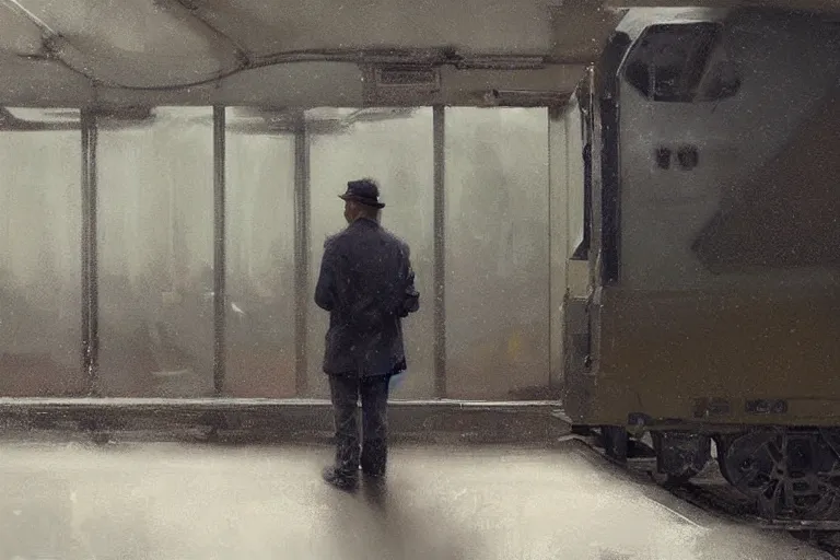 Image similar to man looks out of a train window, dim lighting, lonely, digital art, by wlop, by jeremy lipking, highly detailed, expressive painting, dark atmosphere, moody, octane render