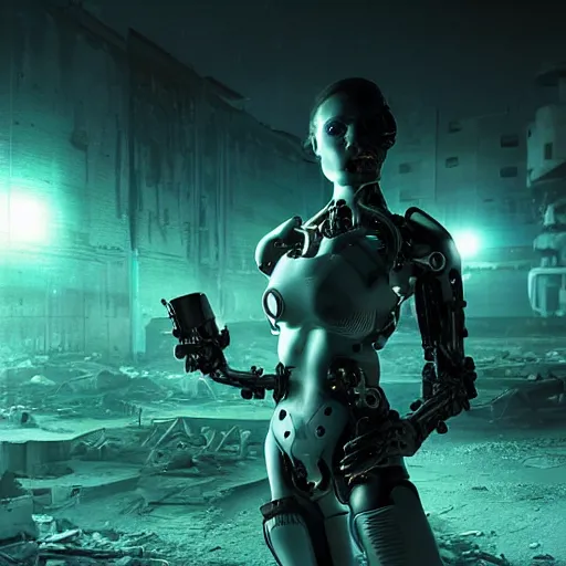 Prompt: stunning, breathtaking, awe-inspiring award-winning photo of an attractive biomorphic female cyborg in a desolate abandoned post-apocalyptic industrial city at night, extremely moody blue lighting, Octane