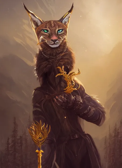 Prompt: lynx holding a golden intricately decorated shiny scepter, night, spruce trees on the sides, mountains in the background, eerie dark atmosphere, moonlit, back light, fantasy art by charlie bowater and yoshitaka amano, trending on artstation