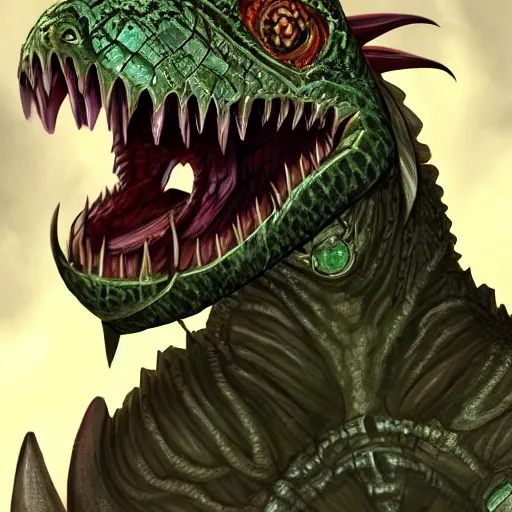 Prompt: full portrait of a lizard wearing rogue armor, Lizardman thief, D&D, argonian, mideival setting, digital painting, highly detailed, concept art, sharp focus