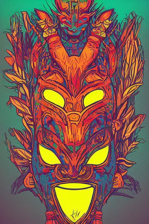 Image similar to animal mask totem roots flower tribal feather gemstone plant wood rock shaman vodoo video game vector cutout illustration vivid multicolor borderlands comics by josan gonzales and dan mumford radiating a glowing aura