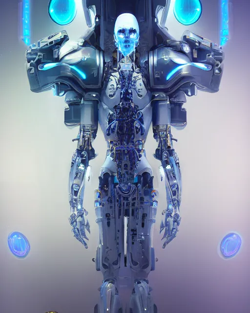 Image similar to benevolent cyborg necromancer, scifi, futuristic, helpful, kind, intelligent, alien room background, white, blue, gold, highly detailed, trending on artstation, soft light, holy machine, advanced technology, art by vitaly bulgarov and nivanh chanthara and lance wilkinson