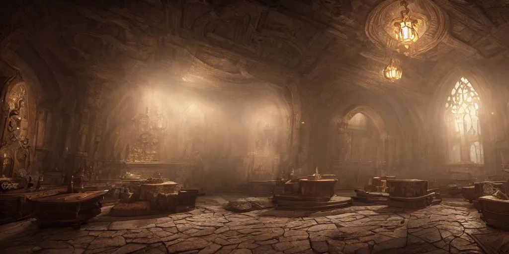 Prompt: dwarven interior design, superwide angle, light through the mist, dramatic lighting, photorealistic, cinematic lighting, high detail, cinematic feel, high octane, 4K, Unreal Engine, digital render, intricate, ultra realistic