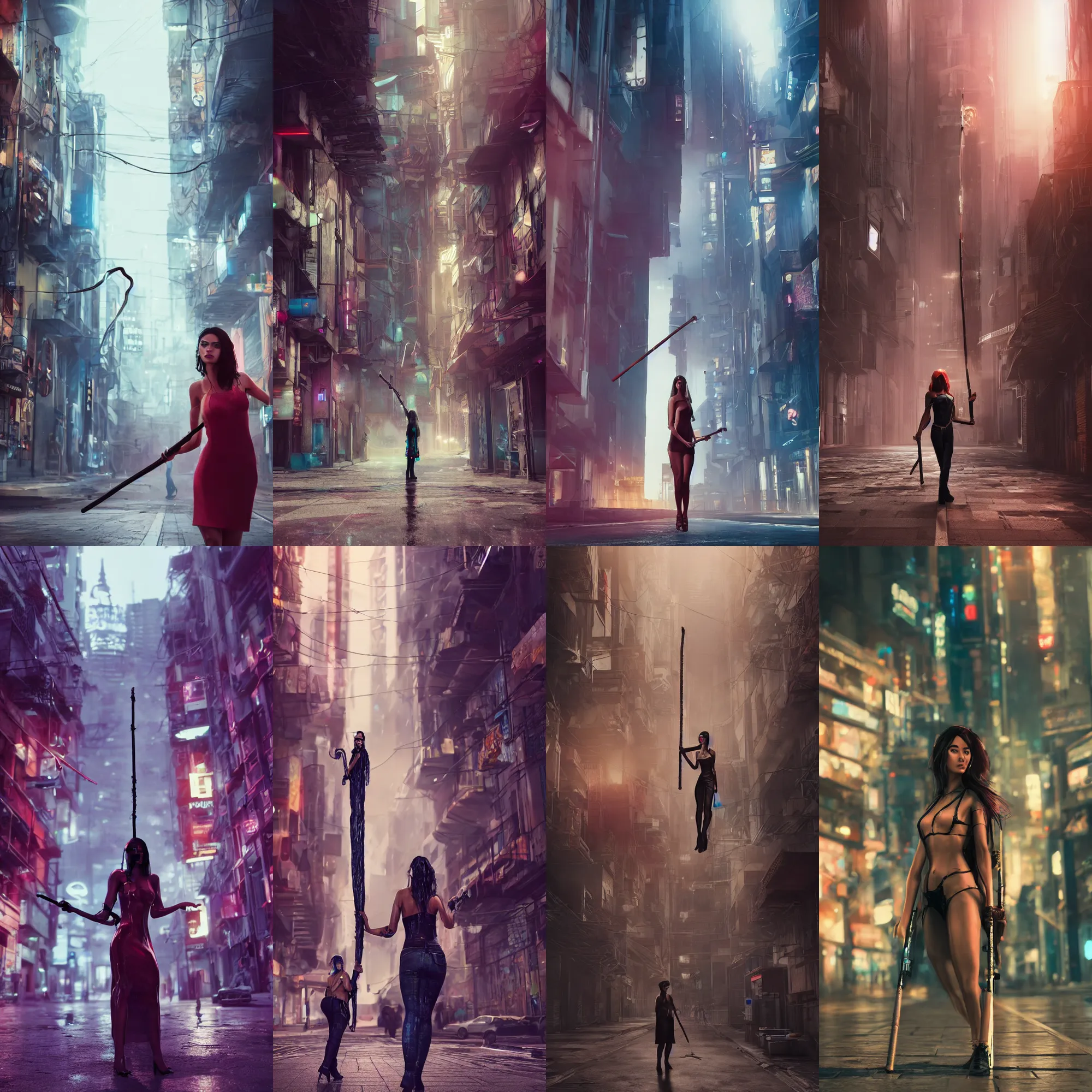 Prompt: alone gorgeous latin woman, holding a staff, cyberpunk city street, illustration, cinematic color grading, hyperrealism, elegant, vfx, octane render, 8 k