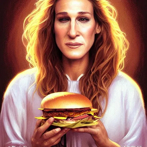 Prompt: portrait of Sarah Jessica Parker eating hamburgers, extra onions and ketchup, luscious patty with sesame seeds, feminine ethereal, handsome, D&D, fantasy, intricate, elegant, highly detailed, digital painting, artstation, concept art, matte, sharp focus, illustration, art by Artgerm and Greg Rutkowski and Alphonse Mucha