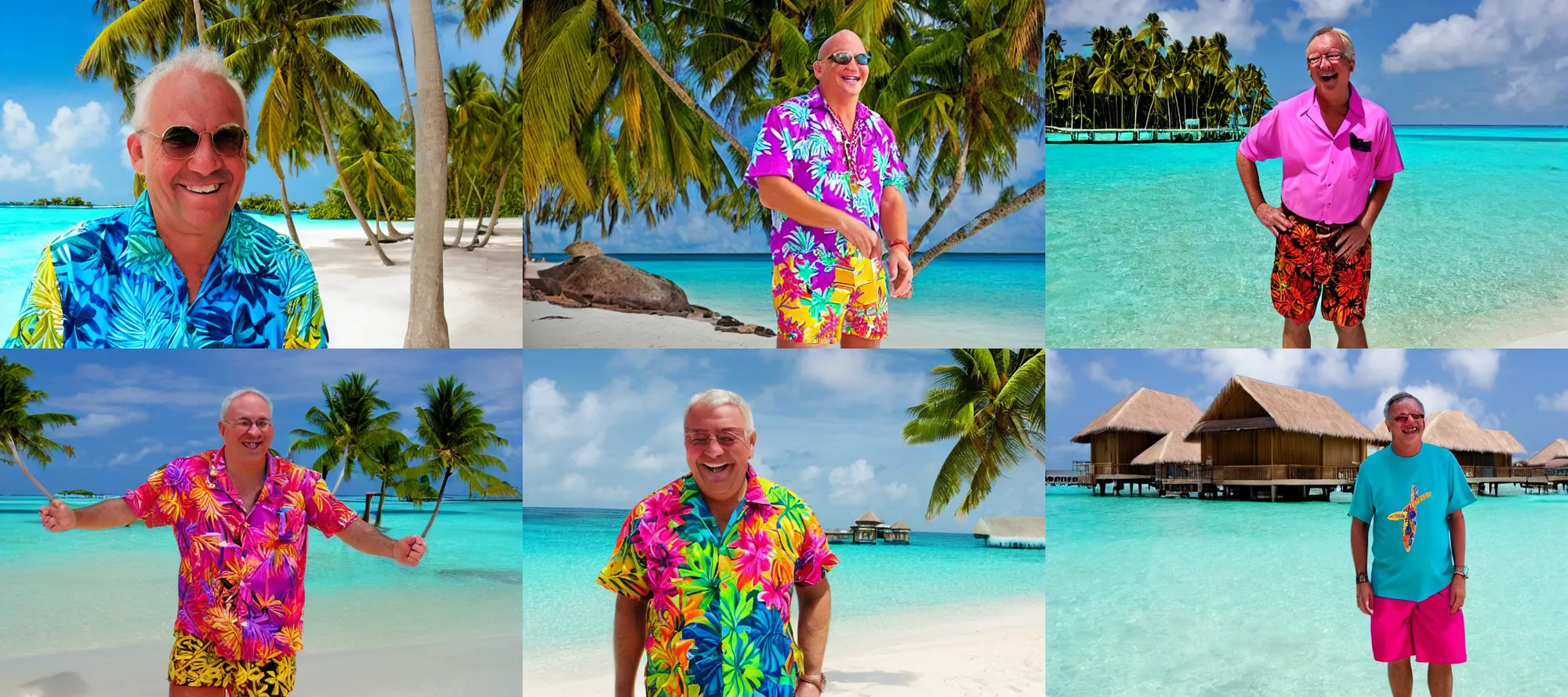 Prompt: a colorful vibrant candid vacation modern 2010 photo of priest martin luther smiling in Maldives tropical paradise wearing shorts and an aloha shirt beach in background