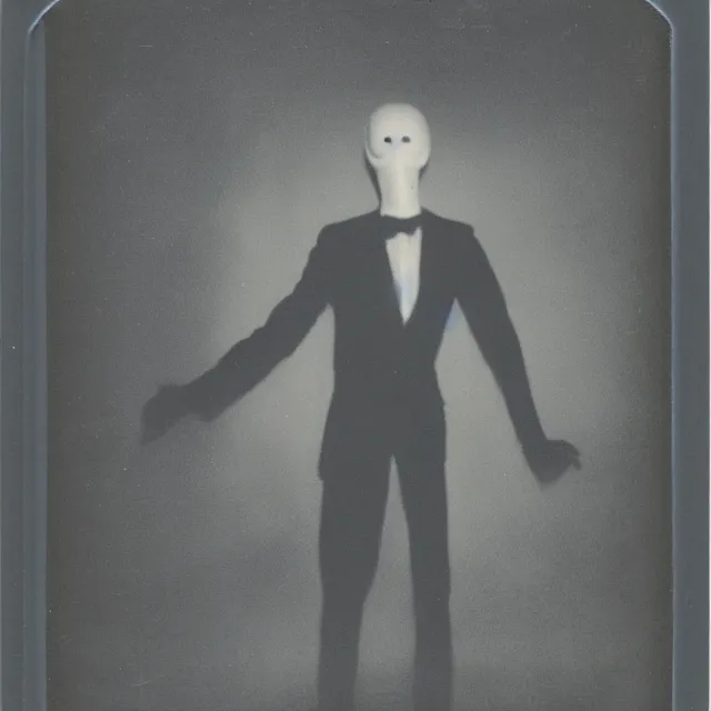 Prompt: a found polaroid photograph of slenderman, night