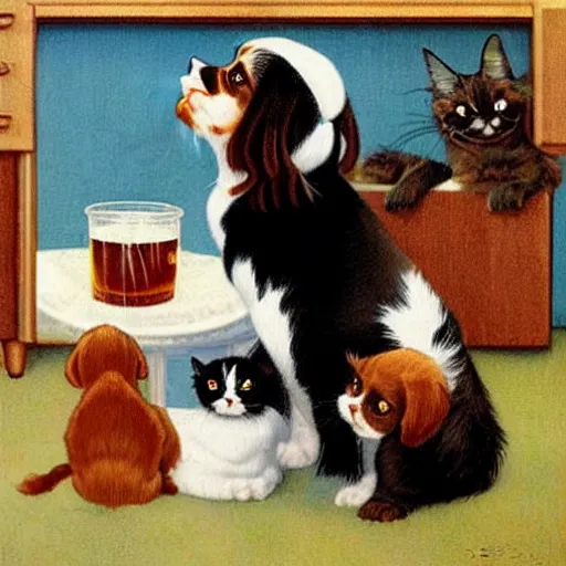 Image similar to one Cavalier King Charles Spaniel and two ragdoll kittens and one black cat drinking beer in the style of norman rockwell