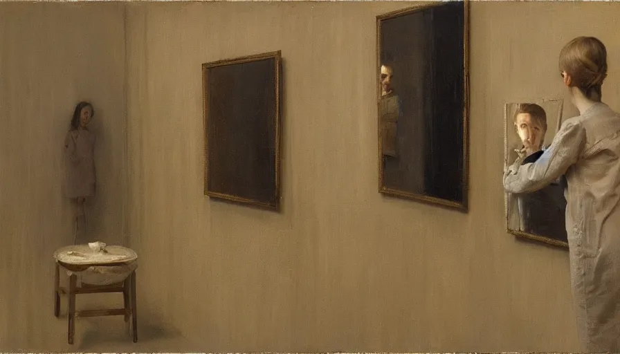 Image similar to painting by borremans, universe mirrored in hereditary, detailed, stunning