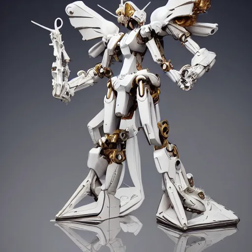 Image similar to futuristic papal mecha, ivory gundam, carved white marble mechanical exoskeleton wearing hardsurface armour, inlaid with gold, ivory rococo, wings lace wear, sculpted by spider zero, zaha hadid, trending on artstation, beautifully lit, hyper detailed, insane details, intricate