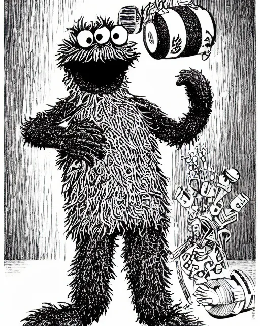 Image similar to an illustration of Cookie Monster, full body, pen-and-ink illustration, etching, by Russ Nicholson, DAvid A Trampier, larry elmore, 1981, HQ scan, intricate details