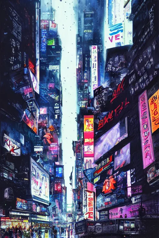 Image similar to neo tokyo time square in a rainy night, landscape, alex ross, neal Adams, david finch, concept art, matte painting, highly detailed, rule of thirds, dynamic lighting, cinematic, detailed, denoised, centerd