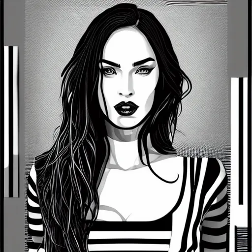 Prompt: megan fox monochrome portrait by arunas kacinskas and mallory heyer, with colorful geometrical shapes and lines and small detailes, graphic design, sketch, minimalistic, procreate, digital illustration, vector illustration, doodle, pop, graphic, street art