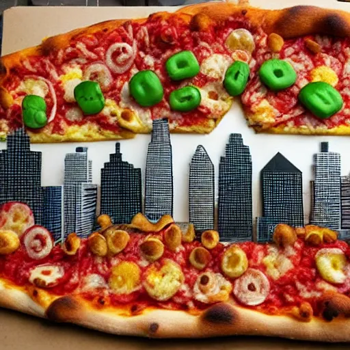 Prompt: cityscape made of pizza