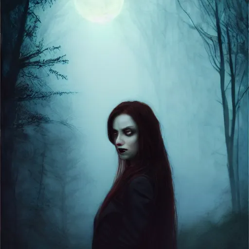 Prompt: riveting charismatic brunette female vampire, portrait, atmospheric lighting, painted, intricate, highgate cemetery, fog, cold, volumetric lighting, beautiful, blue moon light, sharp focus, deep colours, ultra detailed, by leesha hannigan, ross tran, thierry doizon, kai carpenter, ignacio fernandez rios