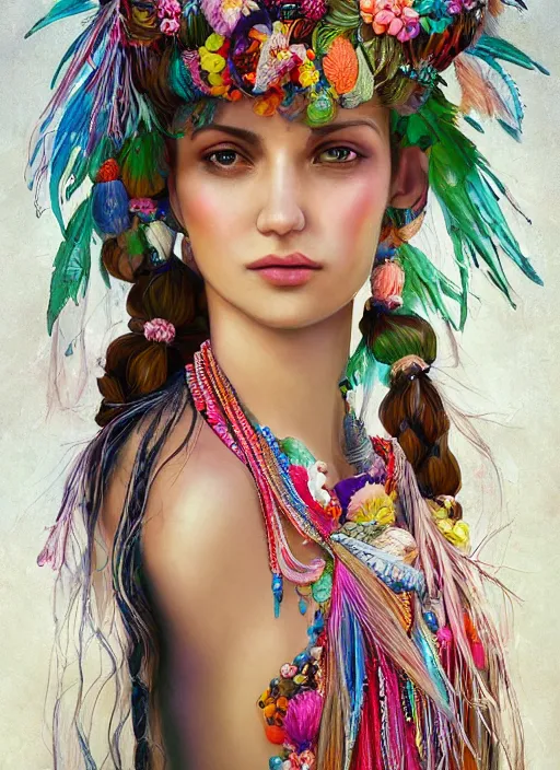 Image similar to beautiful portrait of a mediterranean female wearing fantastic Hand-dyed cotton dress, embellished beaded feather decorative fringe knots ,colorful pigtail,subtropical flowers and plants,symmetrical face,intricate,minority,elegant, highly detailed, 8k,post-processing,digital painting, trending on artstation, concept art, sharp focus, illustration, by artgerm,Tom Bagshaw,Daniel Gerhartz,Albert Aublet,Lawrence Alma-Tadema