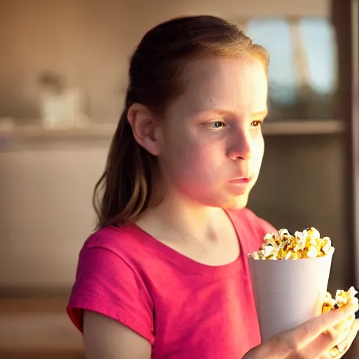 Image similar to photo of tessa eating popcorn, high detail, cinematic, beautiful lighting, fowler, wide angle, warm light, 8k, realistic,