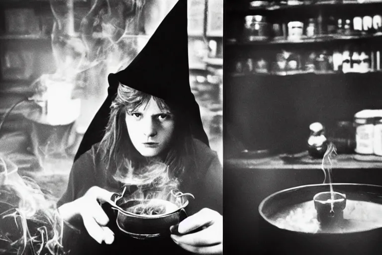 Image similar to polaroid 1 9 8 0's photo, close up portrait, dramatic lighting, concentration, calm confident teen witch and her cat mixing a spell in a cauldron, a little smoke fills the air, a witch hat and cape, a little green smoke is coming out of the cauldron, ingredients on the table, apothecary shelves in the background, still from harry potter