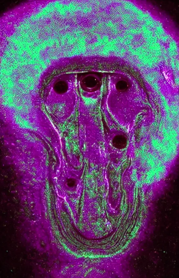 Prompt: Portrait of an iridescent alien seen through a colored electron microscope, vintage, sci-fi, soft grainy