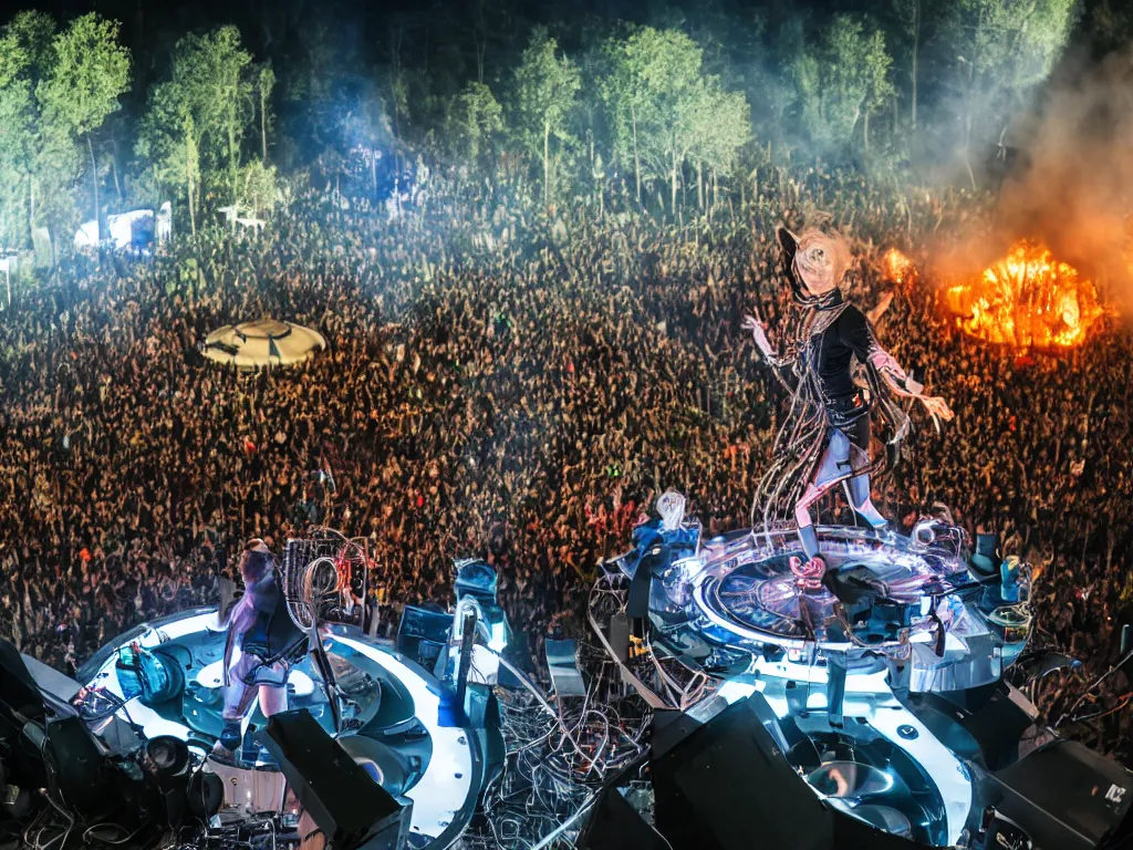 Image similar to a cyborg dj is playing a vast array of highly evolved and complex musical technology on a stage surrounded by an incredible and complex circular robotic structure playing highly evolved music overlooking a crowd at a forest festival lit by fire