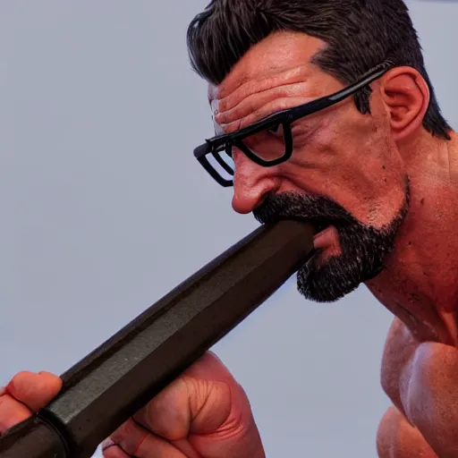 Prompt: highly muscular gordon freeman flexing holding a crowbar, dslr, 8 k, octane beautifully detailed render, cold lighting, cinematic lighting, white background, detailed photo, masterpiece, volumetric lighting, ultra realistic, highly detailed, high quality, lossless, photorealistic, grayscale