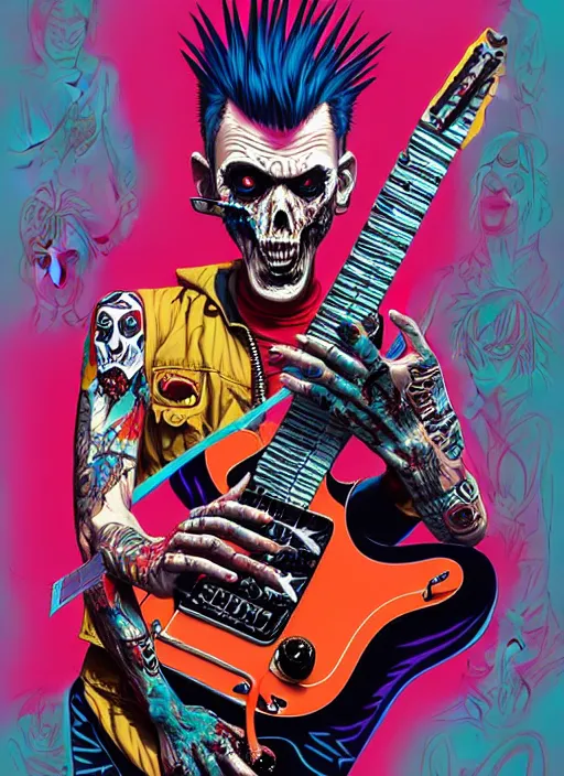Image similar to a zombie punk rocker with a mohawk playing electric guitar, tristan eaton, victo ngai, artgerm, rhads, ross draws, cinematic by francis tneh