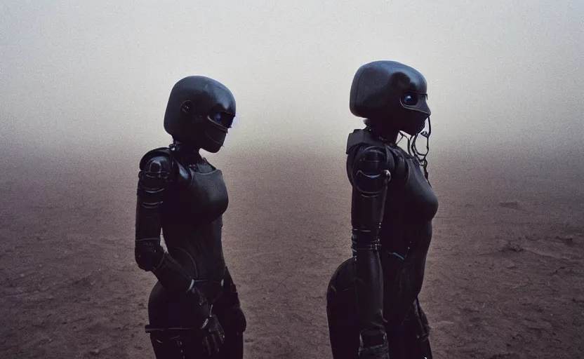 Image similar to cinestill 5 0 d photographic portrait by helen levitt of two loving female androids wearing rugged black mesh techwear on a desolate plain, extreme closeup, modern cyberpunk moody emotional cinematic, dust storm, 8 k, hd, high resolution, 3 5 mm, f / 3 2, ultra realistic faces, ex machina