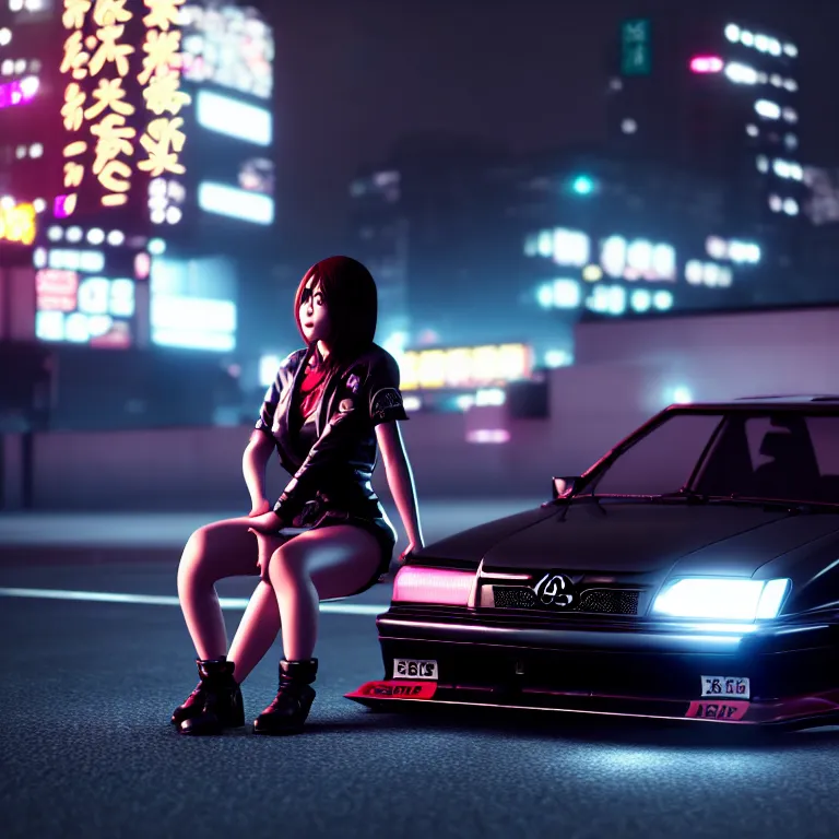 Prompt: toyota jzx 1 0 0 drift, detailed - wheels, shibuya prefecture, cyberpunk woman sitting, cinematic lighting, photorealistic, night photography, octane render