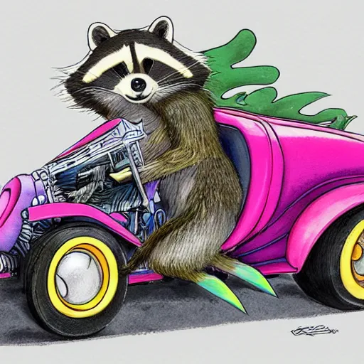 Image similar to racoon riding in a tiny hot rod coupe with oversized engine, ratfink style by ed roth, centered award winning watercolor pen illustration, by chihiro iwasaki, edited by range murata