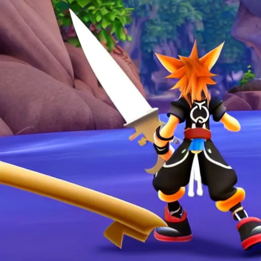 Image similar to A leaked image of a Warrior cats world in Kingdom Hearts 4, Kingdom hearts worlds, Sora donald and Goofy exploring the world of Warrior cats, action rpg Video game, Sora wielding a keyblade, Disney inspired, cartoony shaders, rtx on