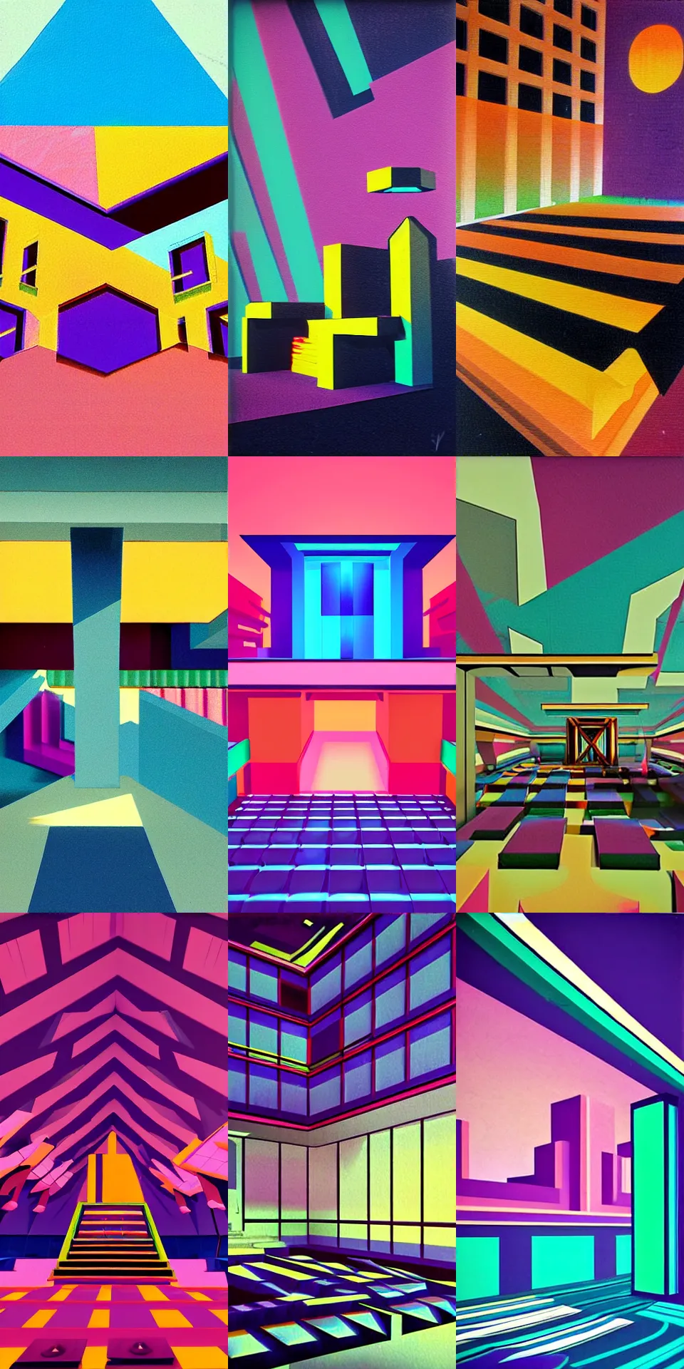 Prompt: bauhaus painting of retro low - poly synthwave temple interior