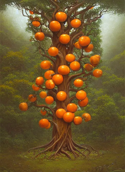 Image similar to ayahuma tree with orange fruits looking like an ent, art by christophe vacher