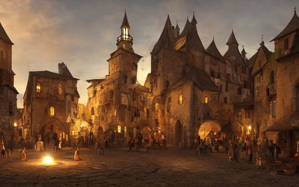 Image similar to at the square of a medieval french village, with a spaceship hovering, a well in the center, arches, orange light, highly detailed, cinematic lighting, render, fantasy