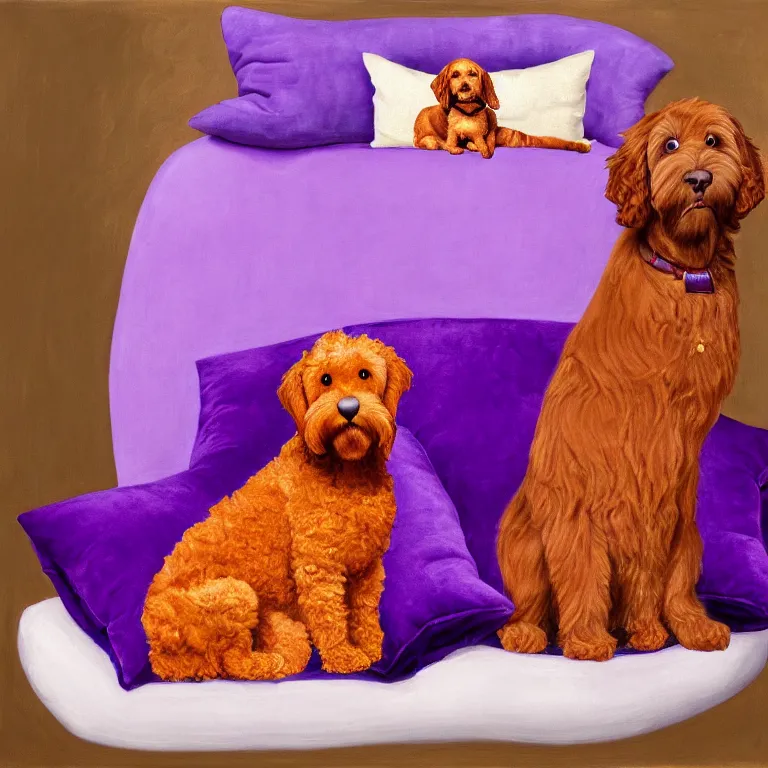 Image similar to a portrait of a royal throne flanked by an orange tabby sitting on a floating purple pillow to the left and a brown goldendoodle sitting on a floating purple pillow to the right, oil on canvas, soft lighting, 8 k
