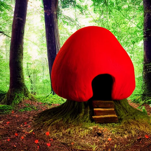 Prompt: Macro Photo of a giant glowing redcap mushroom house in a magical forest, with a door and windows