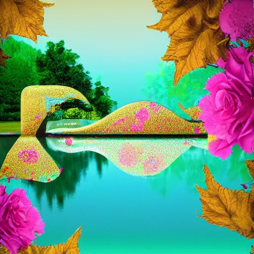 Prompt: a vintage album cover of a trippy lake surrounded by abstract flowers, an arch emerging from the water made of golden fabric, photo - realistic, hyper - real, beautiful lighting