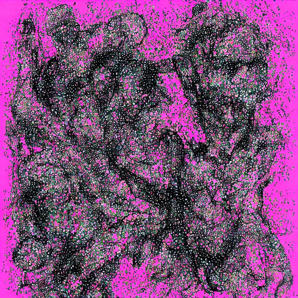 Image similar to camo made of out teeth, smiling, abstract, maya bloch artwork, pink convertible, do hoang tuong artwork, cryptic, dots, stipple, lines, splotch, color tearing, pitch bending, faceless people, dark, ominous, eerie, minimal, points, technical, old painting