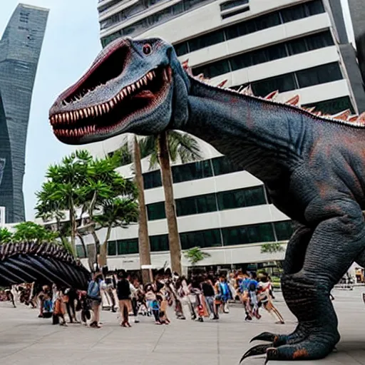 Image similar to a dinosaur terrorizes Singapore