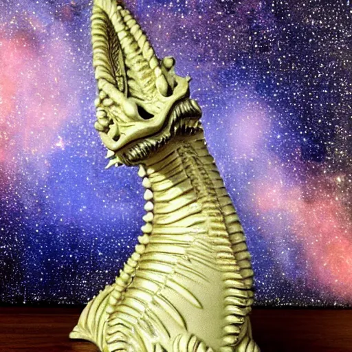 Image similar to ceramic bust by jean - francois millet lavish. a computer art of a dragon in space. the dragon is in the foreground with its mouth open rows of sharp teeth. coiled & ready to strike, its tail is wrapped around a star in the background. background is full of stars & galaxies.