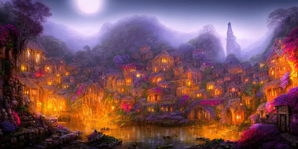 Prompt: misty village in a clockwork eastern waterfall valley, barely lit at night time with great birds and flowerbeds, ancient ruins, fantasy, precise and incredibly highly detailed intricate 8 k wallpaper, lisa frank, dali, hr giger, krenz cushart, long shot, crisp vibrant colorful and intricate stunning award winning masterpiece trending on artstation beautiful