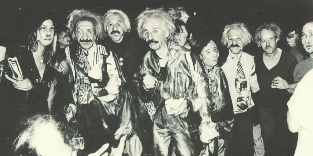 Image similar to old polaroid from 1 9 9 5 depicting albert einstein at a warehouse rave