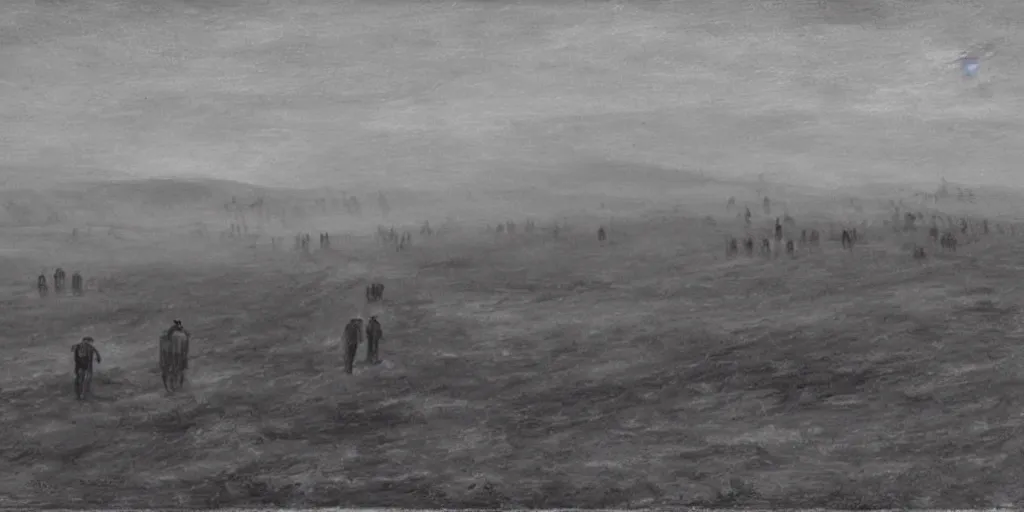 Prompt: “ sparse column of haggard men wearing 1 8 0 0 s navy uniforms walking into distance, barren landscape, no grass or trees, grey coloured gravel ground, overcast sky, desolate arctic landscape, oil painting, trending on deviantart ”