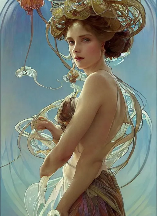 Prompt: a beautiful woman in a dress shaped like a jellyfish. beautiful highly detailed face. painting by artgerm and greg rutkowski and alphonse mucha.