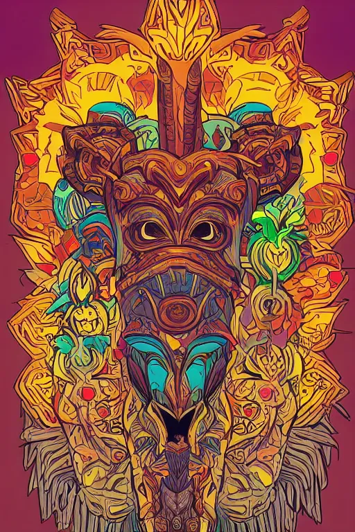 Image similar to animal mask totem roots flower tribal feather gemstone plant wood rock shaman vodoo video game vector cutout illustration vivid multicolor borderlands comics by josan gonzales and dan mumford radiating a glowing aura