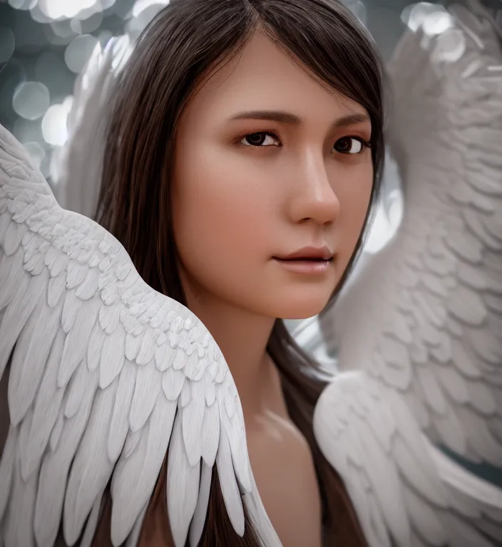 Image similar to centered portrait photo of an angel, bokeh, DOF, unreal engine, 8k, ultra detailed, photorealistic + sigma 105mm f2.8 macro