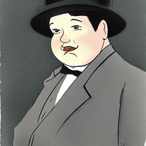 Prompt: high definition portrait of Oliver Hardy wearing a bowler hat by Studio Ghibli